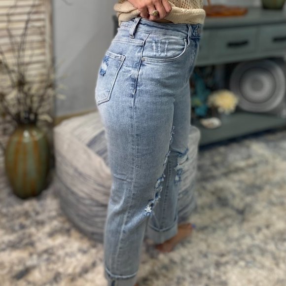 Risen High Rise Boyfriend Distressed Straight Stretch Jeans Light 2422 - Picture 12 of 13